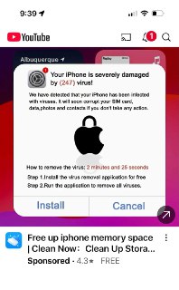 🖼 YouTube出现假冒的 iPhone 病毒弹窗