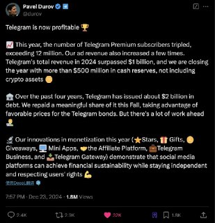 **Telegram 已实现盈利** 帕维尔·杜罗夫在他的频道中表示，Telegram 平台历史上首次开始盈利。 这位 Telegram 的创始人给出了如下...